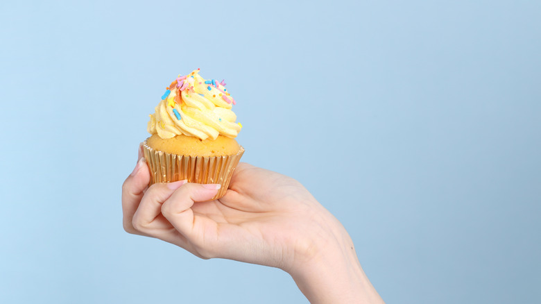 Hand holding white cupcake topped with frosting and sprinkles
