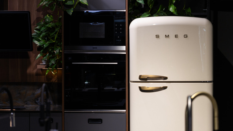 Smeg fridge next to an oven and plants in a kitchen setting