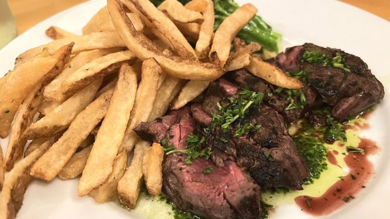 hanger steak with fries at Clyde's Prime Rib