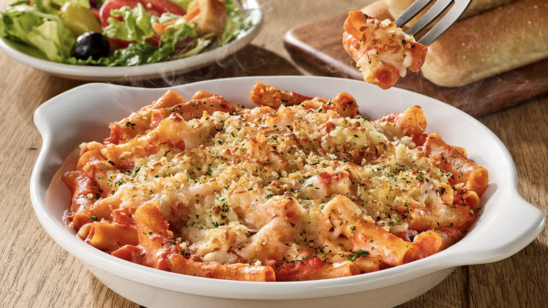 Five Cheese Ziti al Forno at Olive Garden served in a deep white dish