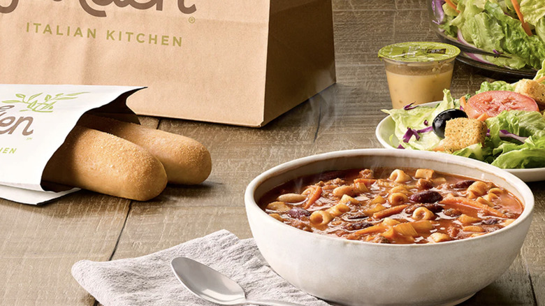 Soup AND Salad AND Breadsticks shown on a table