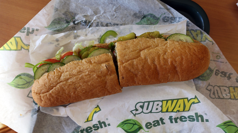 Subway sandwich on Subway branded paper