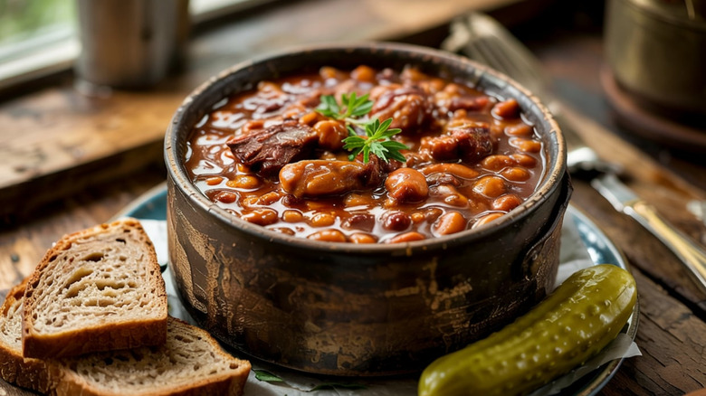 Boston baked beans in brown bowl with bread and pickle