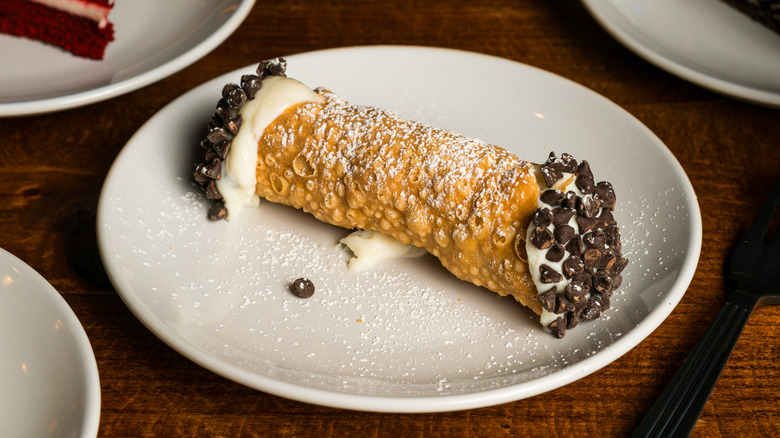 Chocolate chip cannoli on white plate with powdered sugar on top