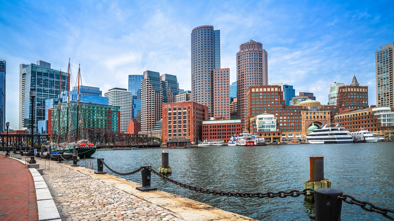 View of Boston harbor and city skyline from the water