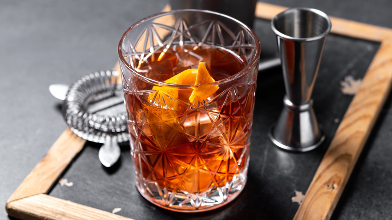 Old Fashioned in a rocks glass with an orange twist