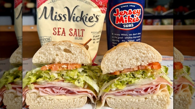 Jersey Mike's Boardwalk Bundle Combo Meal with halved sub sandwich, bag of potato chips, and blue drink cup