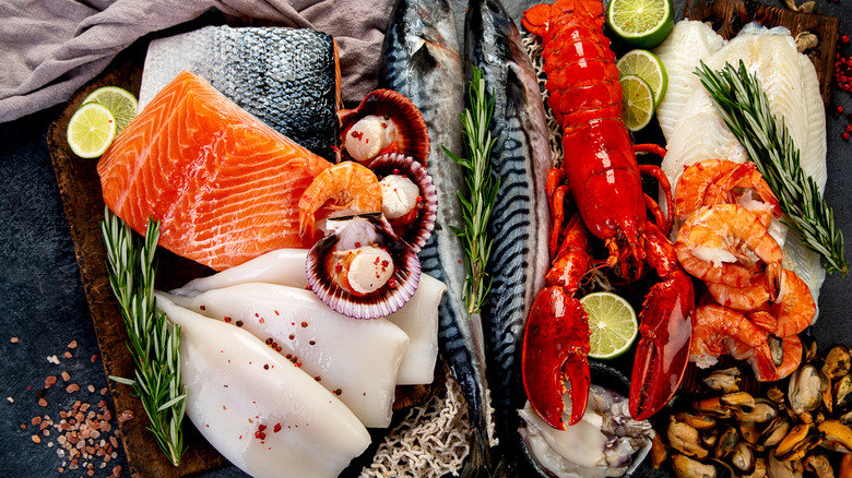Fresh fish and seafood mix on a table