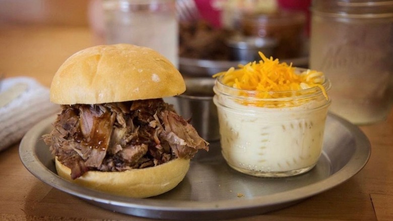 Sandwich and macaroni on plate