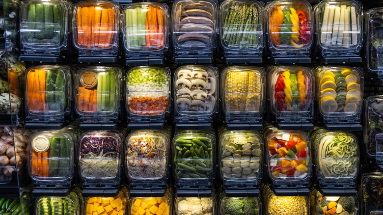 Refrigerated display case of pre-cut vegetables at Erewhon