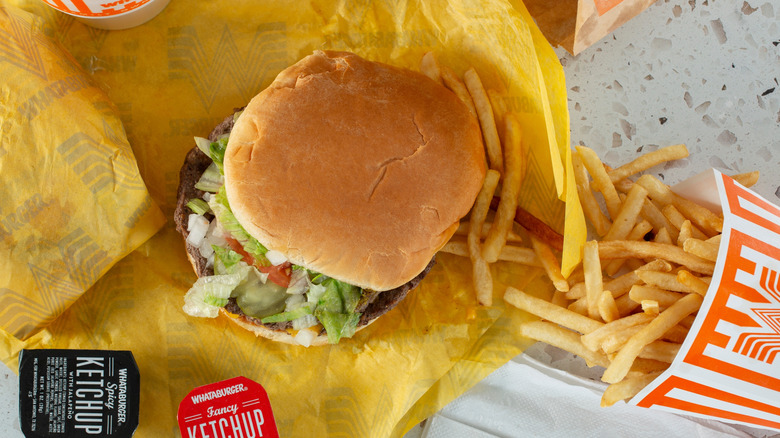 Top down view of a Whataburger and fries