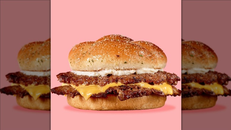 Steak 'n' Shake Garlic Double Steakburger on pink background