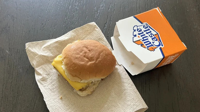 White Castle Cheese Slider on paper towel on table