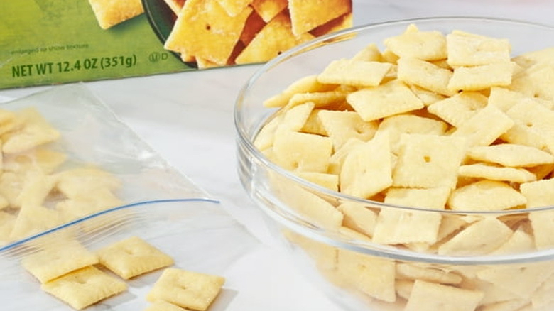 Bowl of white cheddar cheese crackers
