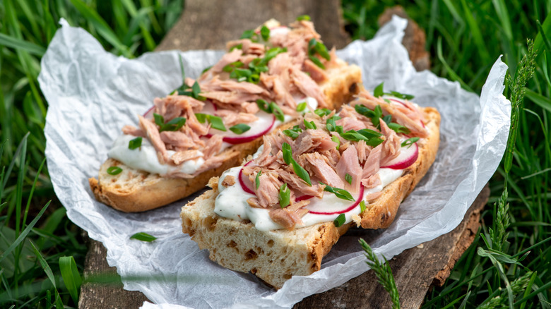 a sliced baguette with tuna, creamy sauce, sliced radish, and scallions in an outdoor picnic setting