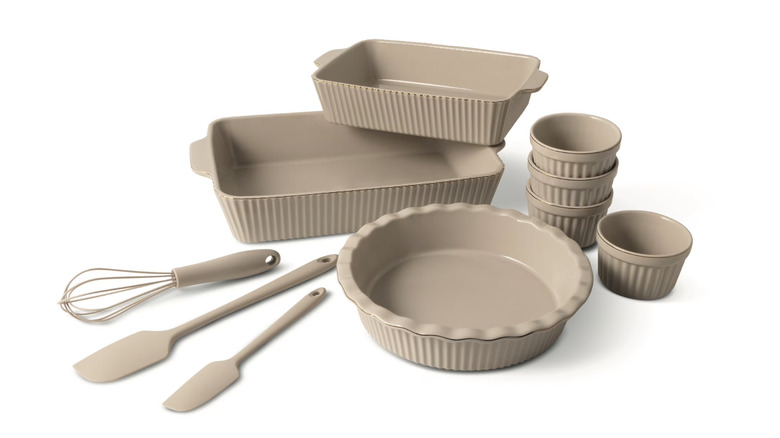 Ceramic bakeware set on white background