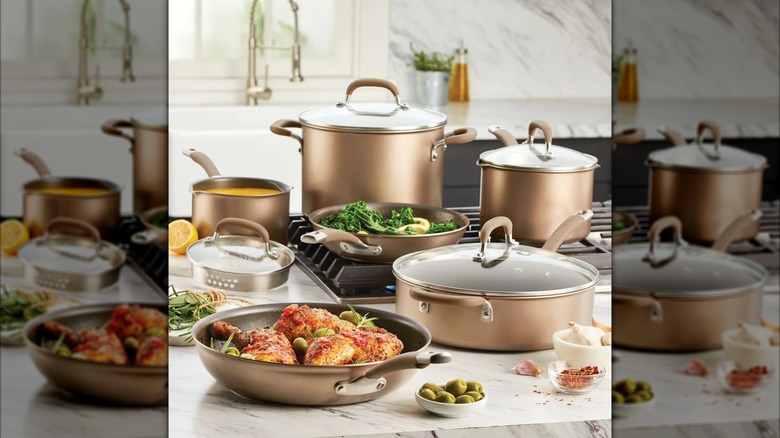 Circulon 10-piece cookware set from Costco on a countertop and stovetop next to ingredients