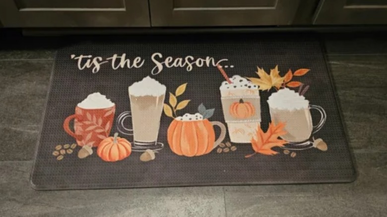 'Tis the Season fall-themed anti-fatigue kitchen mat with fall drinks