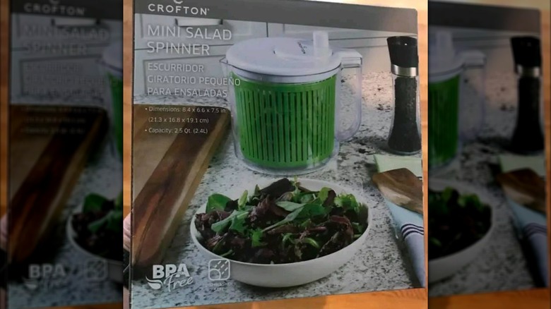 Crofton mini salad spinner in box featuring salad spinner and salad on box