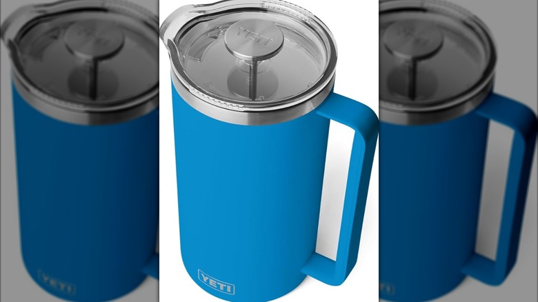 The YETI 64-ounce French press in blue isolated on a white background