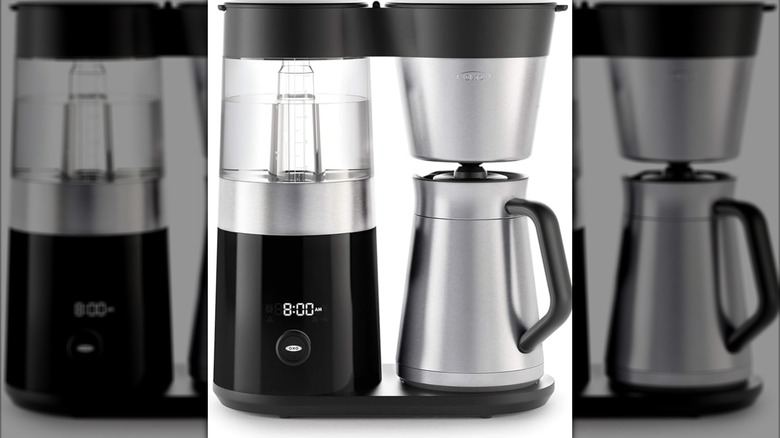 A stainless steel 9-cup OXO Brew isolated on a white background