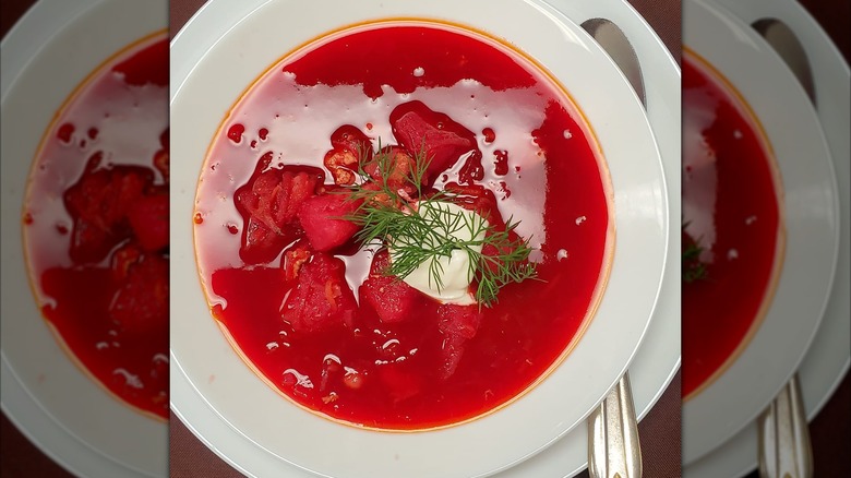 Bowl of borscht soup with spoon