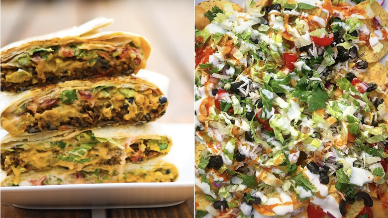 Stack of crunchwraps on the left and decked-out nachos on the right