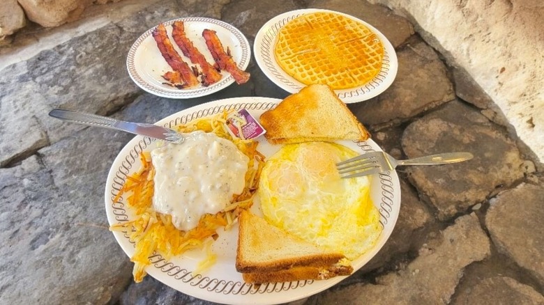 Eggs, bacon, hashbrowns from Waffle House