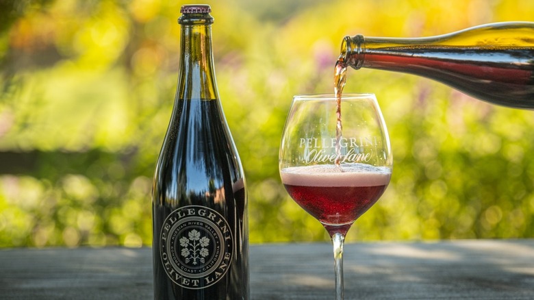 a hand pouring glass of sparkling red wine into a glass on a table