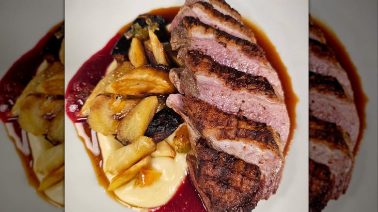 aerial view of a plate of dry aged duck at Jasper Stone in New Jersey