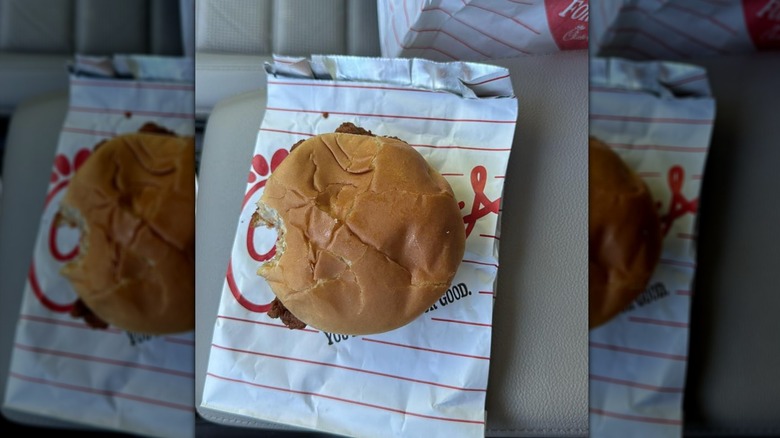 Smaller-looking Chick-fil-A chicken sandwich on wrapper