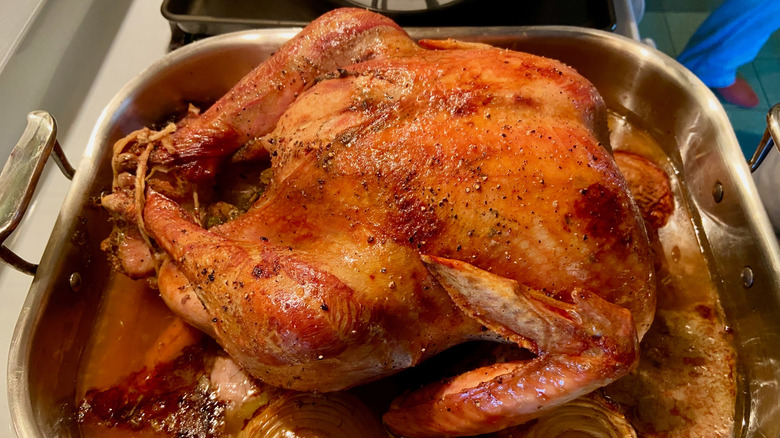 Trussed roast turkey in a stainless-steel deep pan