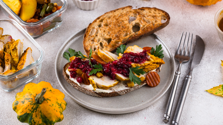 Top-down view of an open-faced leftover Thanksgiving turkey sandwich