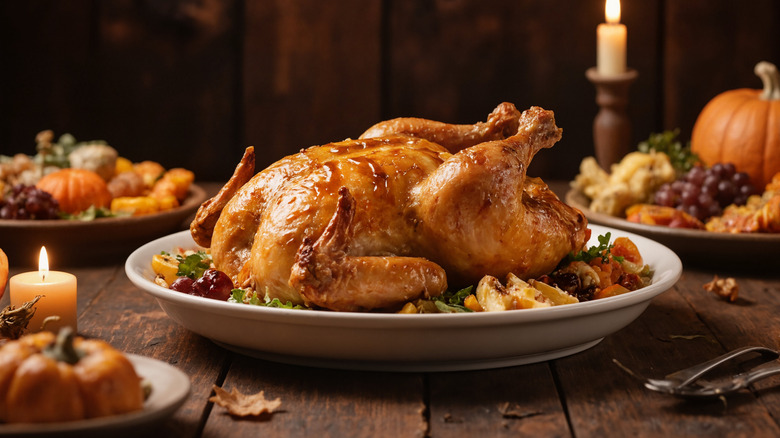 Turkey and vegetables on a white platter on a wooden table