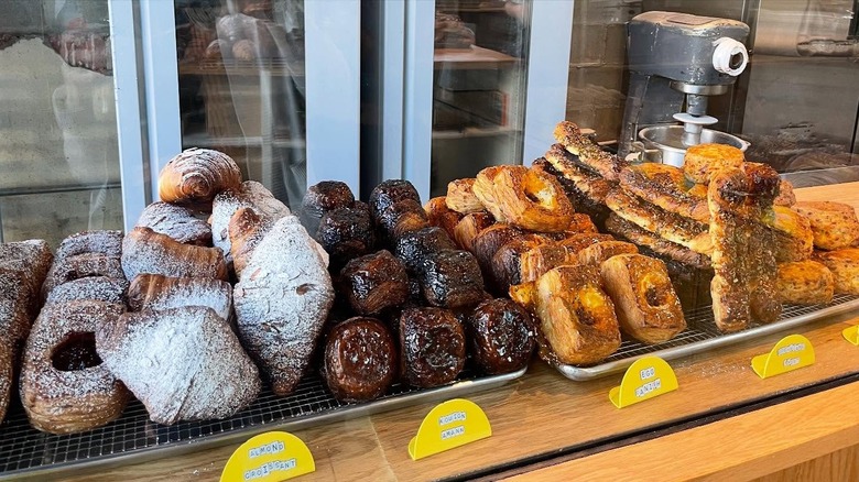 Selection of baked goods on bakery counter