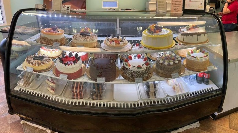 Various cakes displayed in glass-fronted bakery counter