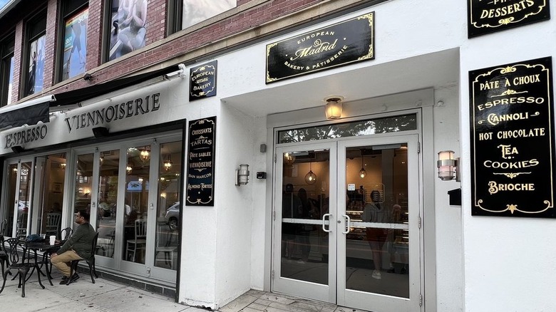Madrid European Bakery storefront with black and gold signage