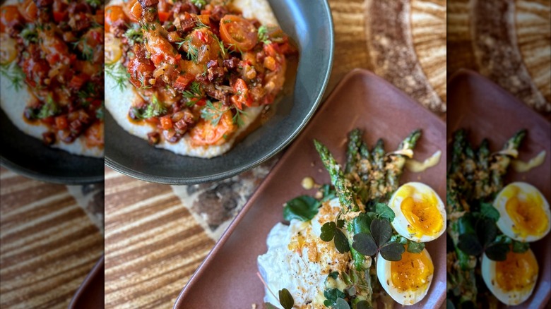 Several brunch dishes from above including eggs and grits