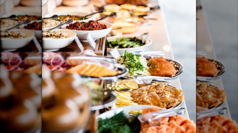 Brunch buffet table with many dishes