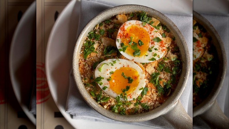 Brunch dish of deviled jonah crab and eggs