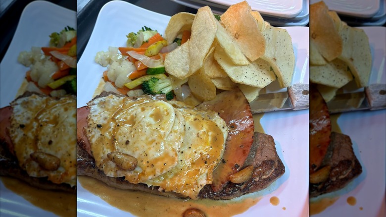 Steak with eggs and vegetables