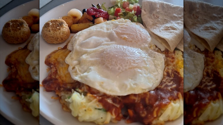 Brunch dish with eggs, tortillas, and