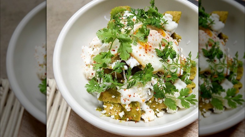 Chilaquiles in a white bowl