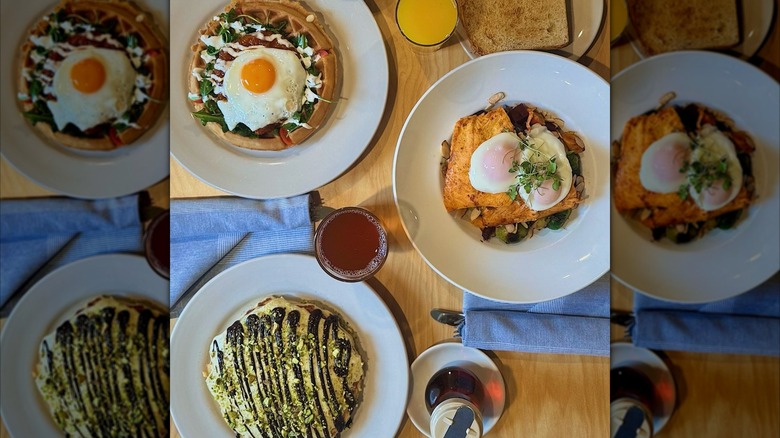 Aerial view of three brunch dishes on wooden table