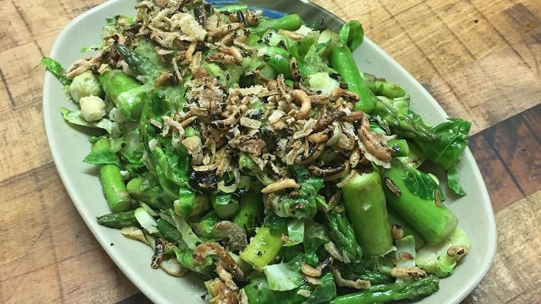 Stir fried asparagus with brussels sprouts