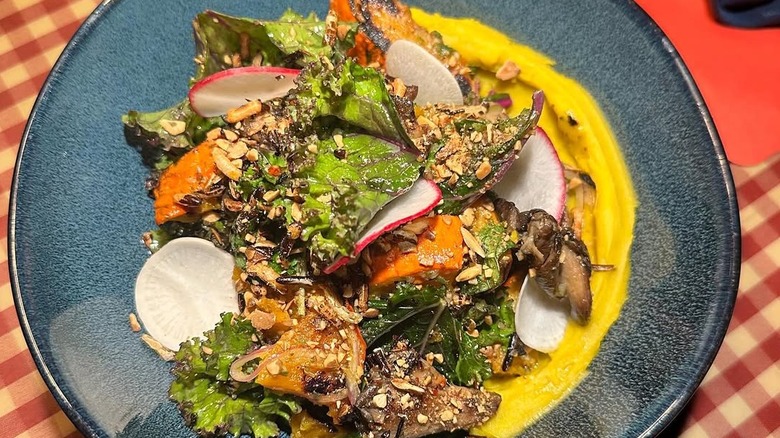Roasted squash with kale and mushrooms