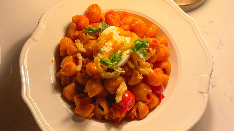 Lumache pasta in a white round plate with vodka sauce and whipped ricotta, garnished with fresh basil at Via Vecchia
