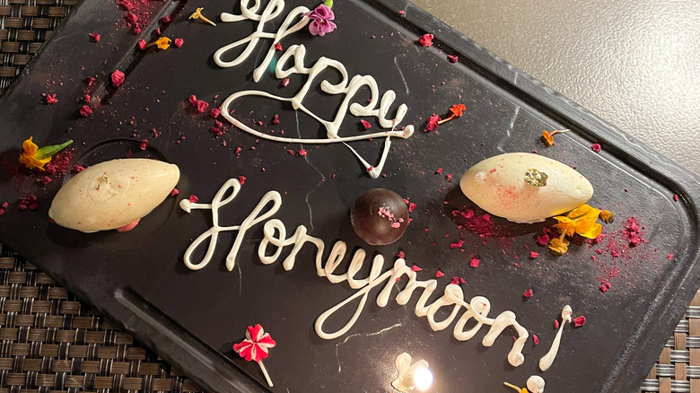 Honeymoon dessert spread at Terra in Santa Fe, with ice cream and chocolate bonbons