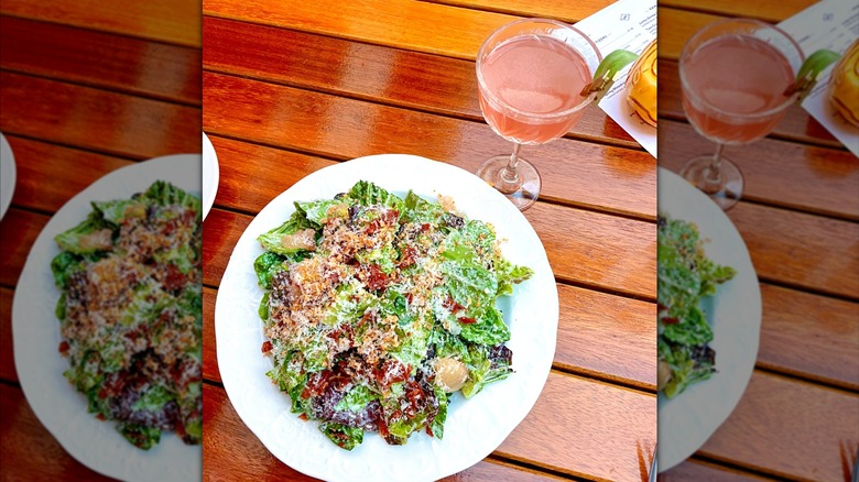 Gem salad with grapefruit, garlic breadcrumbs, pecorino, prosciutto, and Caesar dressing at Gin Gin's