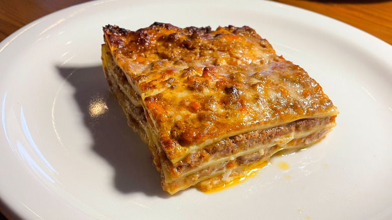 Lasagna  bolognese served on a a white plate at DITONDO in Buffalo
